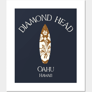 Diamond Head Oahu Honolulu Hawaii Vintage Surfboard Posters and Art